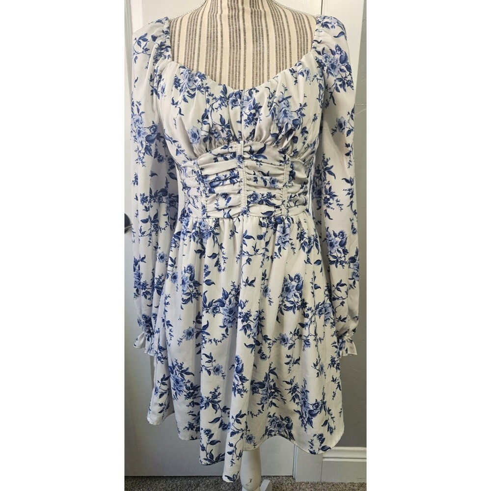 Inspired Hearts Blue White Floral Dress L Corset Peasant Boho Fairy Princess